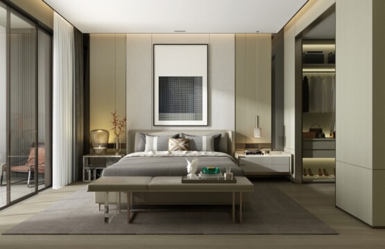 gray bed in bedroom